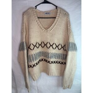 LANE 201 Cream Knit Geometric Fair Isle V Neck Sweater Women's Size M